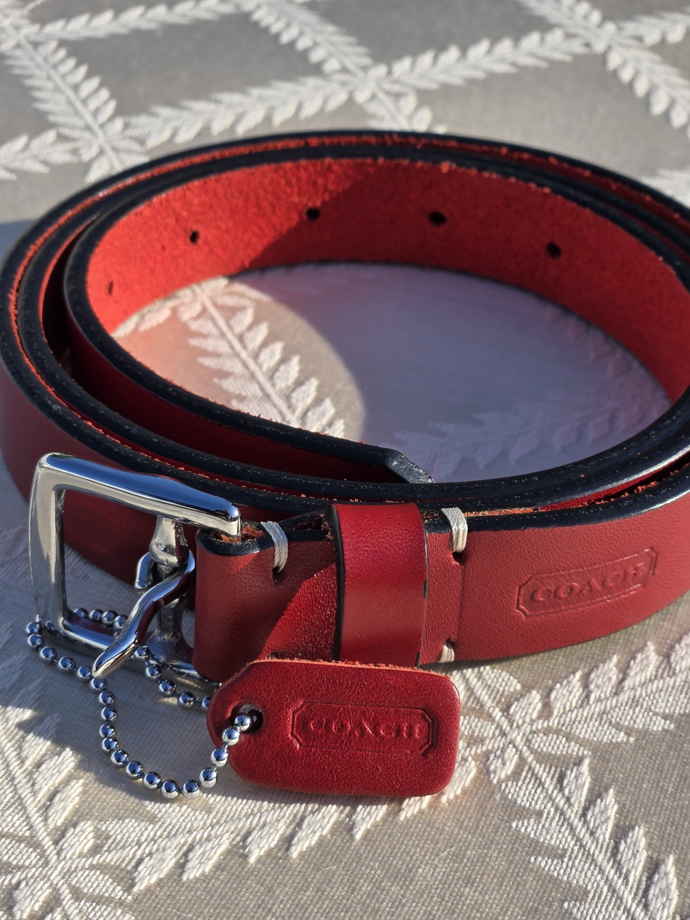 Coach Women’s Red Vegetable Tanned Leather Belt XL Italy Silver Tone Buckle